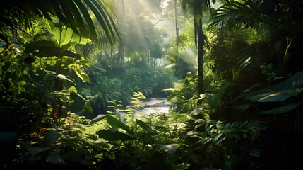 Lush rainforest with a marked path and vibrant sunlight showcases a serene, serene, and breathtaking tropical paradise in the heart of the woods.