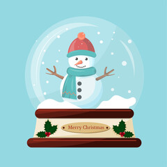 Cute cartoon character snowman in a christmas snow ball vector illustration merry christmas card