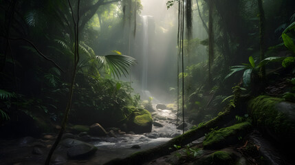 Tropical waterfall enveloped in mist amidst a dense jungle. Wet rocks, ferns, lianas, and lush greenery create a serene rainforest scene.