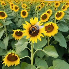 A bee sips nectar from flowers of sunflowers