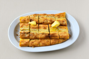 Kiymali pide.Turkish pide with minced meat. Turkish pizza mince pita Pide on white background. Etli ekmek. Kusbasi kasarli, kiymali kasarli, kiymali yumurtali,  tirnak Trabzon, Bafra, Kusbasili pide.