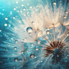 Dandelion Seeds in Droplets of Water on Turquoise Beautiful Background with Soft Focus in Nature Macro
