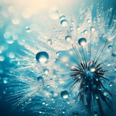Dandelion Seeds in Droplets of Water on Blue Background with Soft Focus in Nature Macro