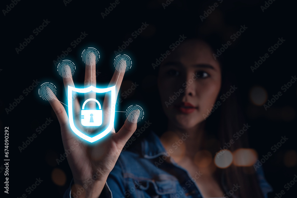 Poster Business women hand show virtual Cloud computing technology database storage security, Data protection Cyber Security shield guard to protected from cyber attacks, Networking security technology