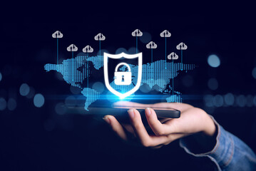 Business woman hand show virtual Cloud computing technology database storage security, Data protection Cyber Security shield guard to protected from cyber attacks, Networking security technology
