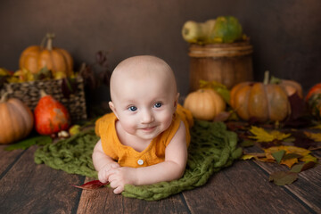 small child lies in autumn decor. newborn boy in a basket. baby's first photo shoot