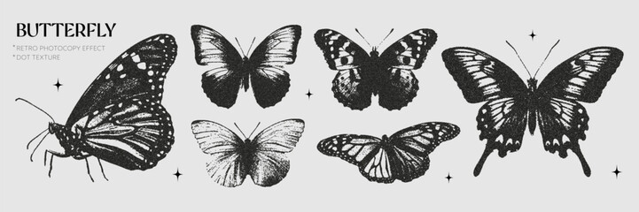 Trendy elements with a retro photocopy effect. Black butterflies. Y2k elements for design. Grain effect and stippling. Vector dots texture.