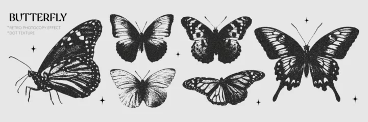 Photo sur Plexiglas Papillons en grunge Trendy elements with a retro photocopy effect. Black butterflies. Y2k elements for design. Grain effect and stippling. Vector dots texture.