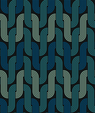 Seamless repeating pattern with interlocking multicolored wavy lines on a black background. Retro style geometric striped design. Vector illustration.
