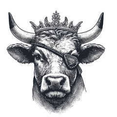 Portrait of Bull with diadem and eye patch. Hand-drawn illustration