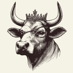 Portrait of Bull with diadem and eye patch. Hand-drawn illustration