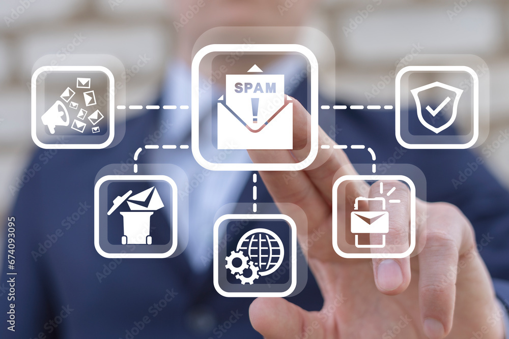 Poster man using virtual touch screen presses button: spam mail letter. spam email internet security concep