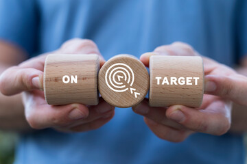 Man holding wooden cylinders with target icon and sees inscription: ON TARGET. On target business...