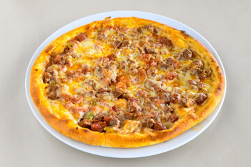 Delicious mixed pizza with rich content. Menu concept of choice and diversity. Pepperoni, Formaggi, Veggie, Karisik pizza