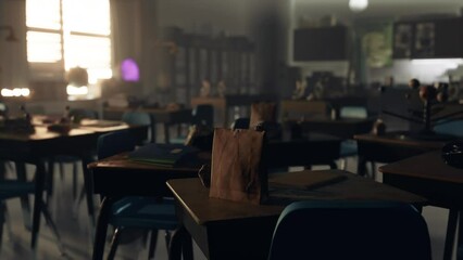 A school classroom laboratory with tables and chairs neatly arranged