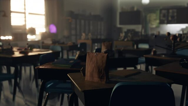 A school classroom laboratory with tables and chairs neatly arranged