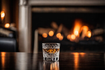 Glass of vodka on the background of a burning fireplace