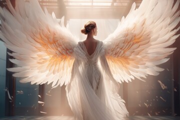 Woman in white dress like angel with wings, AI generated - obrazy, fototapety, plakaty