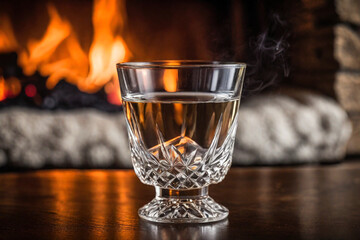 Glass of vodka on the background of a burning fireplace