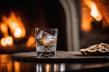 Glass of vodka on the background of a burning fireplace - obrazy, fototapety, plakaty