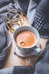 Fall season, leisure time, morning cocoa, sunday relax, hygge and still life concept. Cup of hot...