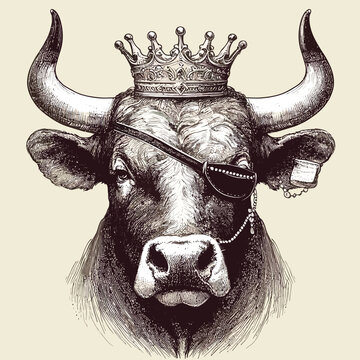 Portrait of Bull with diadem and eye patch. Hand-drawn illustration