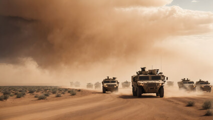 A military convoy of armored vehicles moving through a desert region with a dust storm looming in the background. - obrazy, fototapety, plakaty