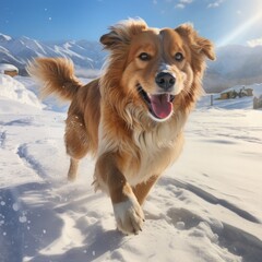 Shot of a Dog Speeding in the Winter Snow Under the Warm Sun Rays, Generative AI