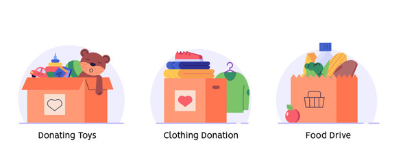 Volunteer group collecting donations. Charity organization donating clothes, food and toys for poor people. Concept of clothing donations, volunteer help, donate food, toys. Vector flat illustration - obrazy, fototapety, plakaty