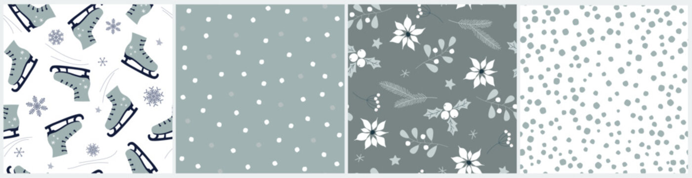 A set of seamless patterns with winter snowflakes, dots, poinsettia, skates, spruce branches. Festive abstract print. Vector graphics.