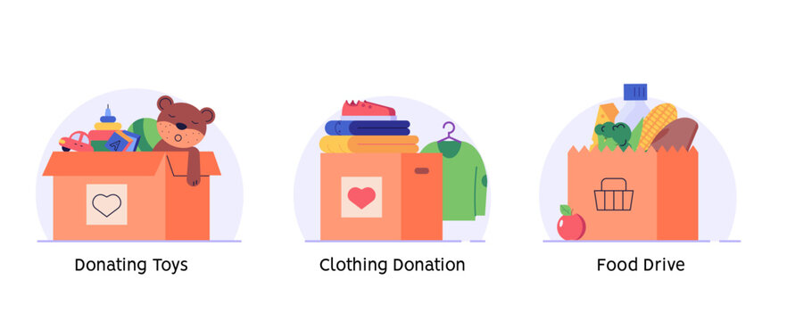 Volunteer group collecting donations. Charity organization donating clothes, food and toys for poor people. Concept of clothing donations, volunteer help, donate food, toys. Vector flat illustration