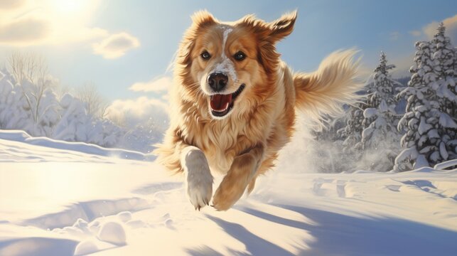 Image of a Canine Sprinting in Winter’s Snow Bathed in Warm Sunlight, Generative AI