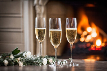 Glass of champagne on the background of a burning fireplace