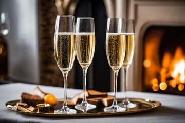 Glass of champagne on the background of a burning fireplace