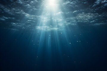 Fototapeta na wymiar underwater rays, blue ocean, ocean surface seen, water wallpaper, banner, poster, brochure or presentation