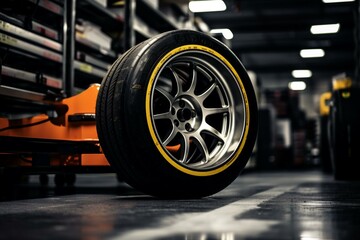 Racing car wheels and shock absorber in a garage. Generative AI