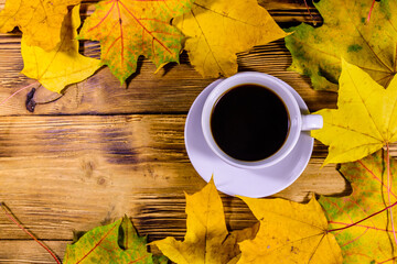 Cup of coffee and heap of yellow maple leaves on a wooden table. Top view