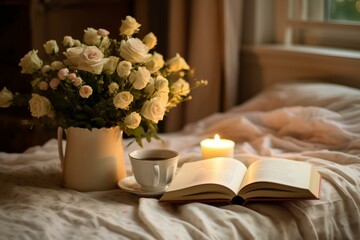 A book and a cup of coffee on a bed with flowers, a candle, and a bouquet of flowers. Generative AI