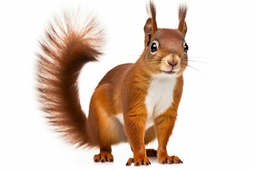 Red squirrel standing sideways, looking towards camera. Isolated on white background. Generative AI