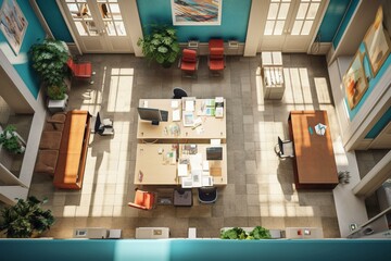 Top-down view of an office interior. Generative AI