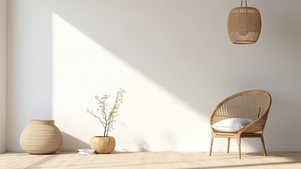 a wicker basket, toys, and a pouf arranged near a clean white wall, representing modern interior design in a minimalist style. The abundant open space is perfect for including text or branding related