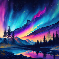 Landscape of Mountains with Aurora Borealis