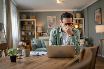 Man overworked freelancer at home hold eyes eyestrain pain