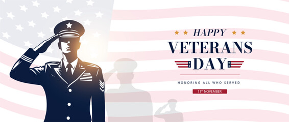 Happy Veterans day Vector illustration banner. honoring all who served. us military officer saluting. American flag background