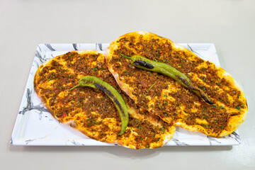 Turkish foods ; Turkish pizza -Lahmacun. Adana, Urfa bol acili lahmacun.