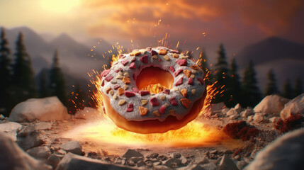 Christmas background.giant donuts with frosting in the winter forest. sweet world on christmas eve