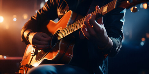 Naklejka premium A Closeup Photograph of a Man Playing an Acoustic Guitar on Stage