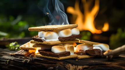close up of smores - cracker, marshmallow, chocolate on fire