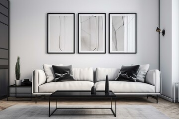 Sleek couch with frames in modern lounge. Generative AI