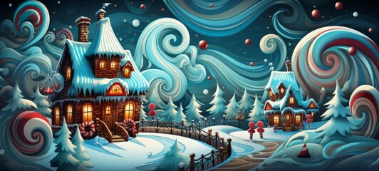 Obraz premium Christmas holiday Cartoon linear art banner. Christmas holidays. Horizontal format for banners, posters, advertising, gift cards. AI generated.